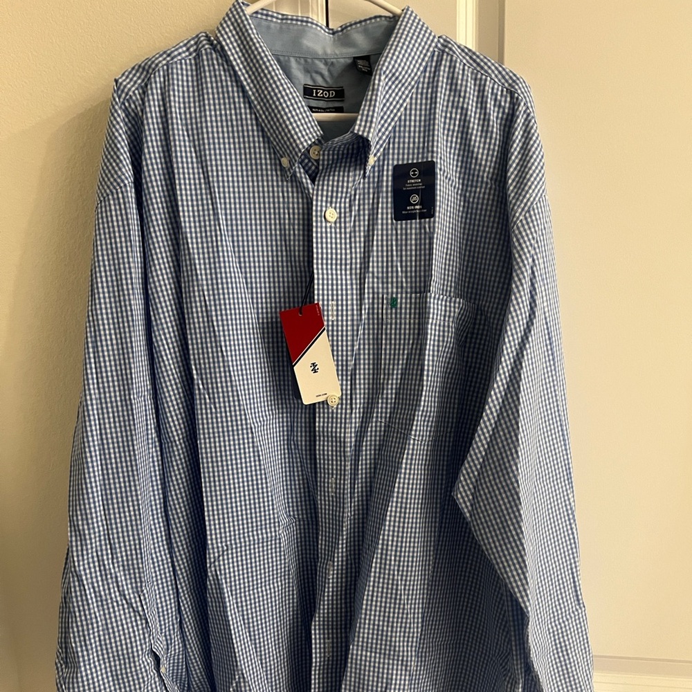 Big and Tall Long Sleeve Izo button shirt. Gingham light blue and white.